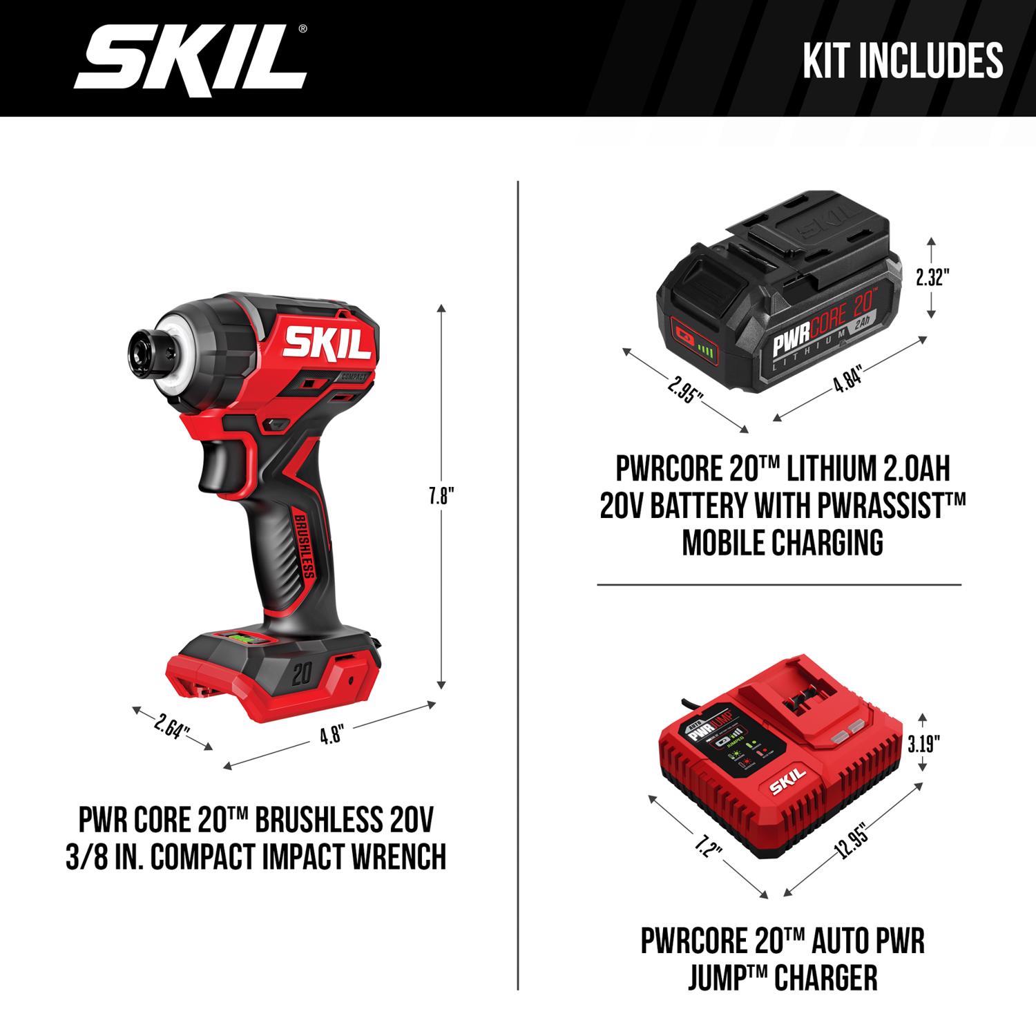 SKIL 20V PWRCORE 3/8 in. Cordless Brushless Compact Impact Wrench Kit (Battery & Charger)