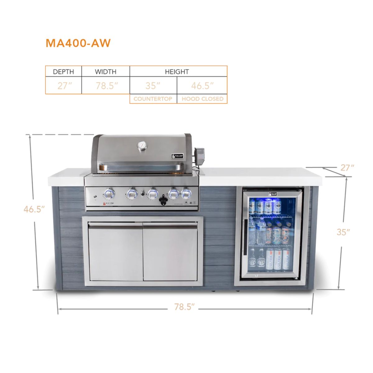 Mont Alpi 400 Artwood Island with Stainless Steel Grill and Fridge / 4-Burners, Infrared Rear Burner, Rotisserie Kit