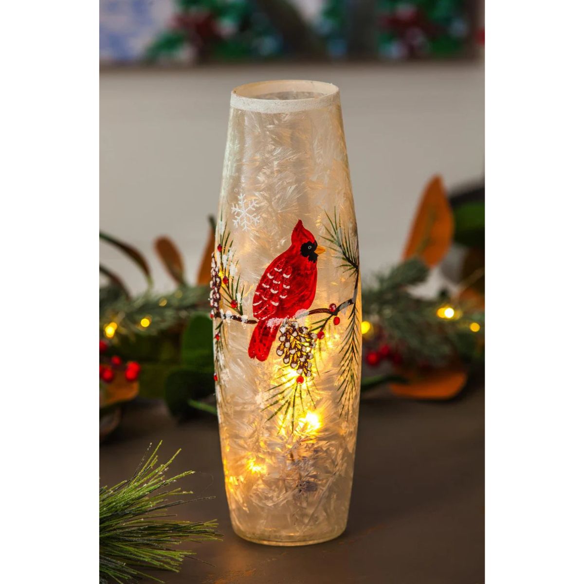 Evergreen LED Glass Hand painted Cardinal and Pinecone Cylinder