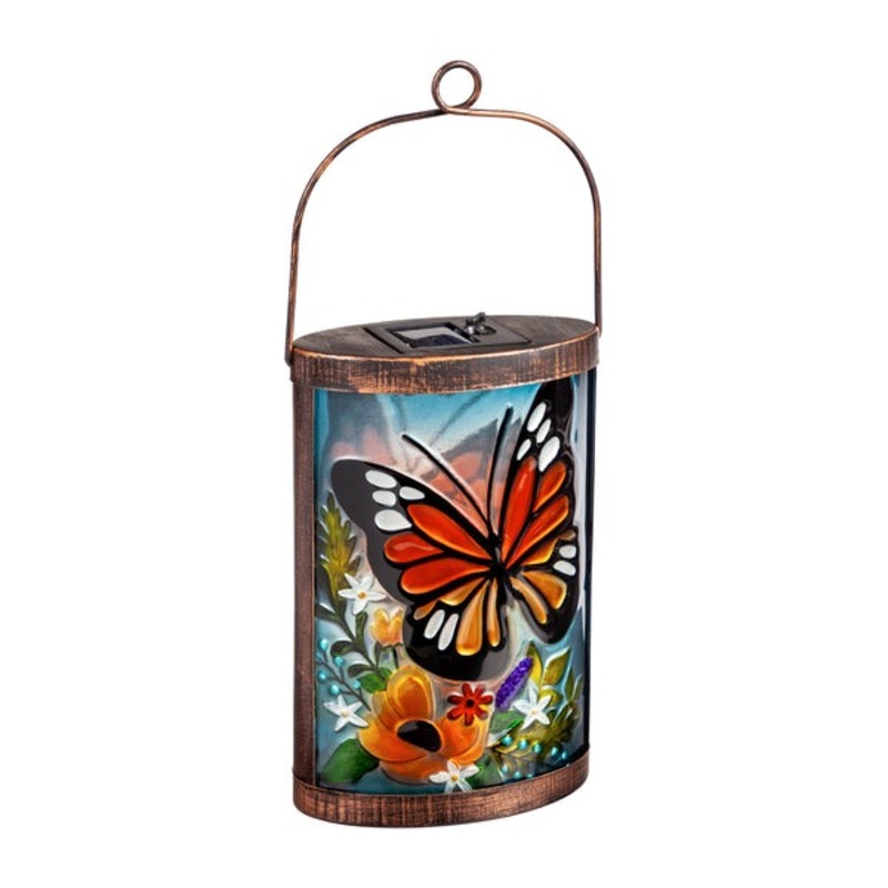Evergreen Handpainted Solar Glass Lantern, Florals and Monarch Butterfly