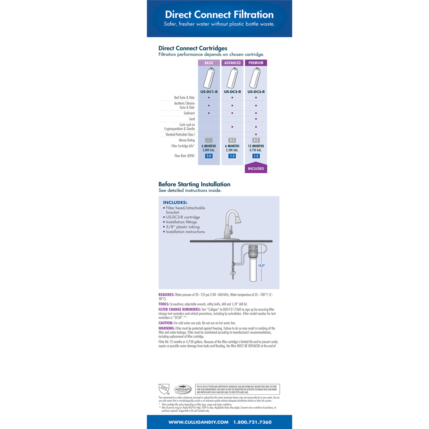 Culligan Direct Connect Under Sink Water Filtration System For Culligan