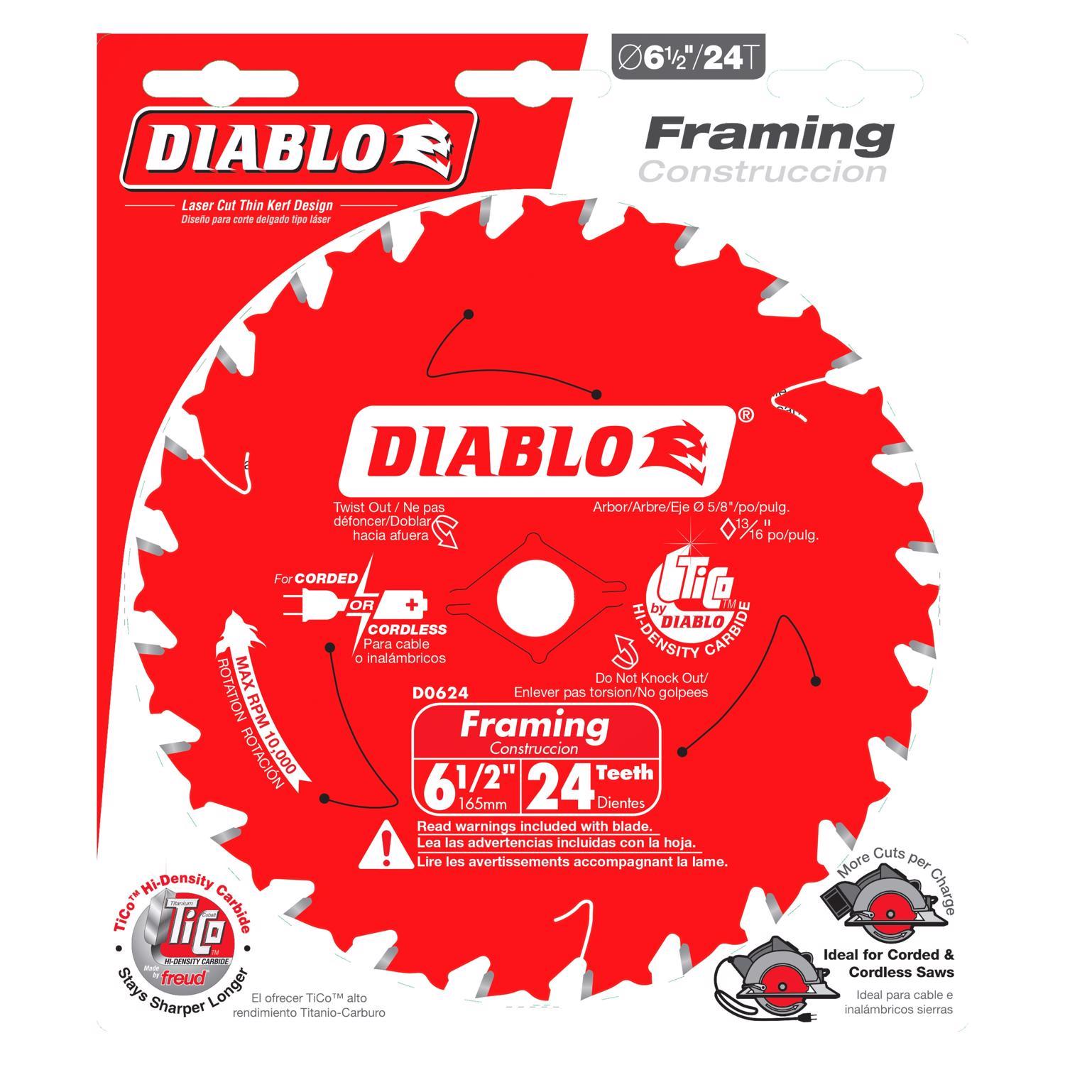 Diablo Tracking Point 6-1/2 in. D X 5/8 in. TiCo Hi-Density Carbide Framing Blade 24 teeth 1 pk
