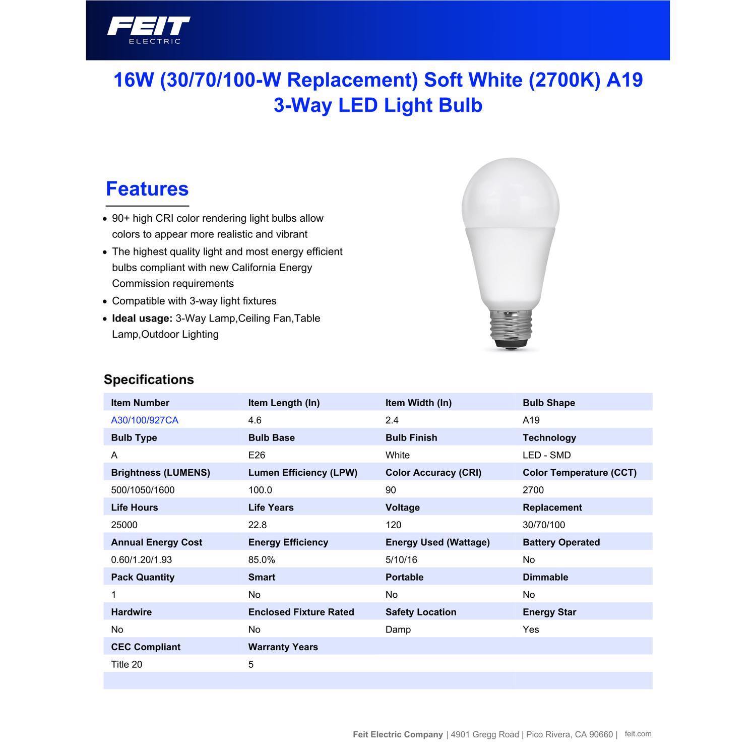 Feit A19 E26 (Medium) LED Bulb Soft White 30/70/100 Watt Equivalence 1 pk