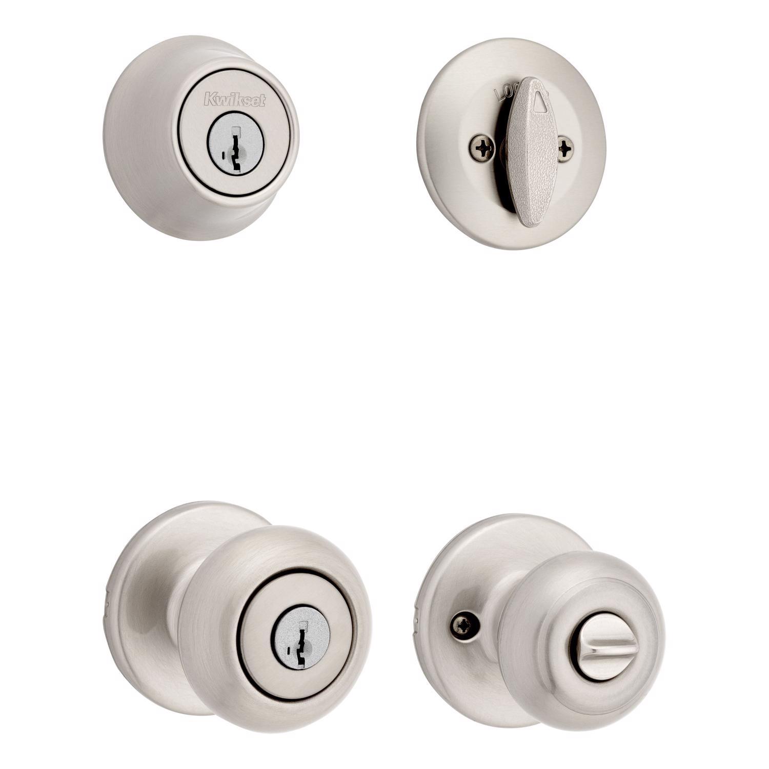 Kwikset SmartKey Security Cove Satin Nickel Deadbolt and Entry Door Knob KW1 1-3/4 in.