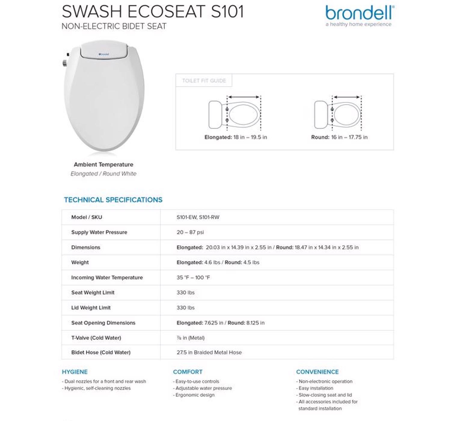 Brondell Swash Ecoseat gal White Elongated Bidet Toilet Seat