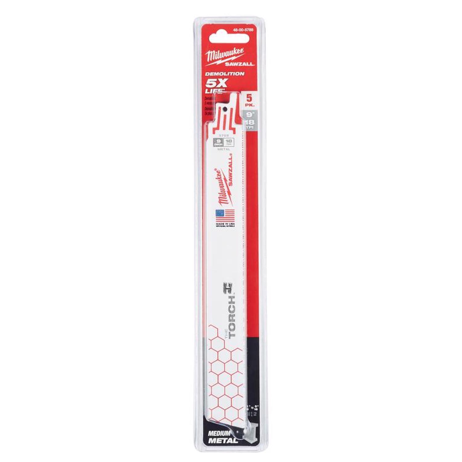 Milwaukee The Torch 9 in. Bi-Metal Reciprocating Saw Blade 18 TPI 5 pk