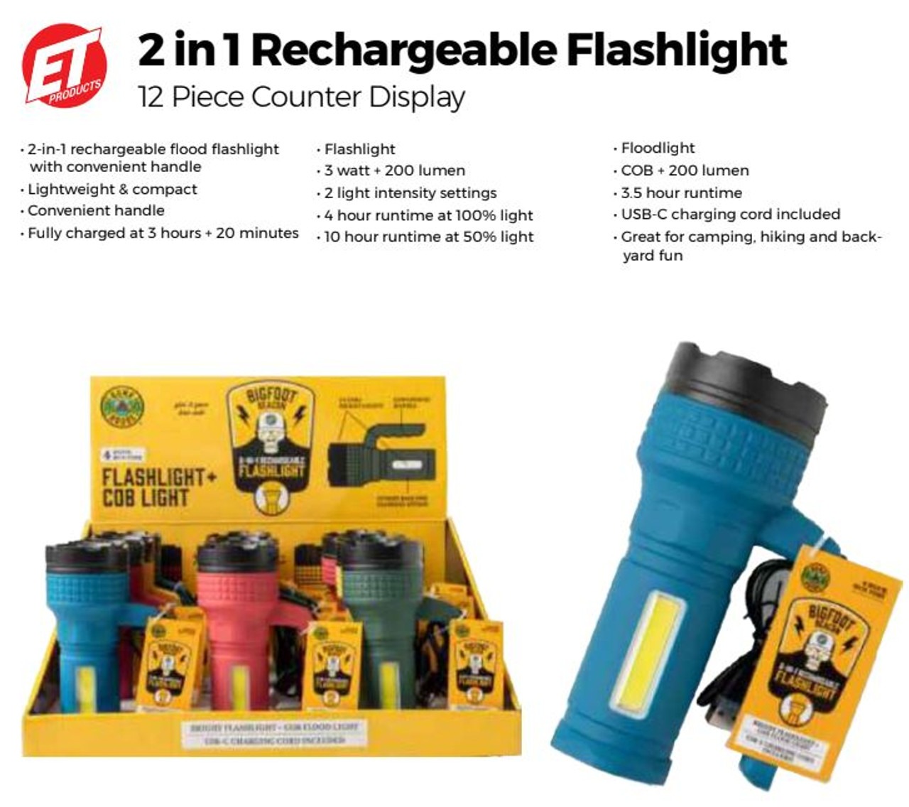 Bigfoot Beacon 2 in 1 Rechargeable Flashlight, Assorted Colors