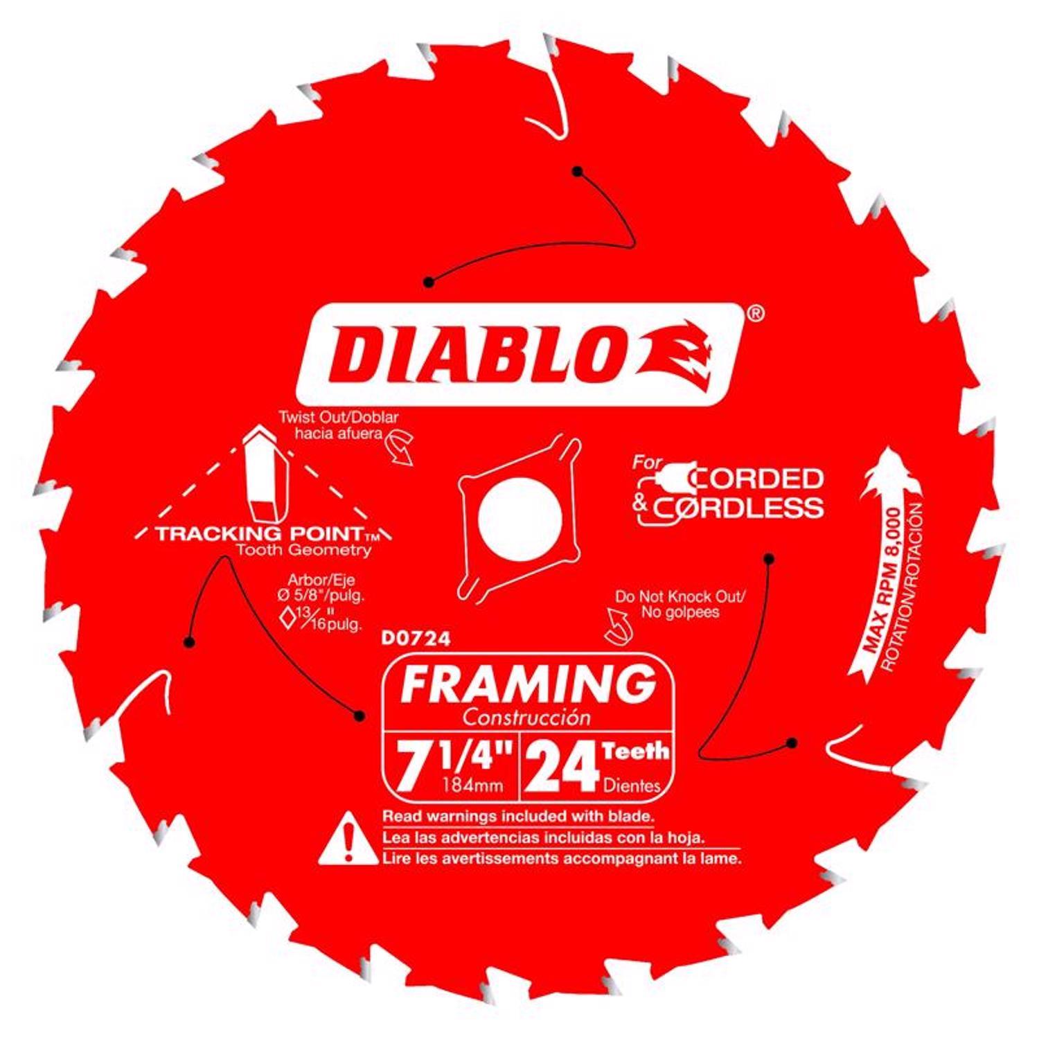 Diablo Tracking Point 7-1/4 in. D X 5/8 in. TiCo Hi-Density Carbide Framing Blade 24 teeth 1 pk