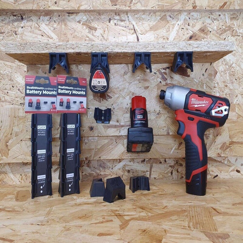 StealthMounts Battery Mounts Compatible with Milwaukee M12; Black ABS Battery Holder 6 Pack