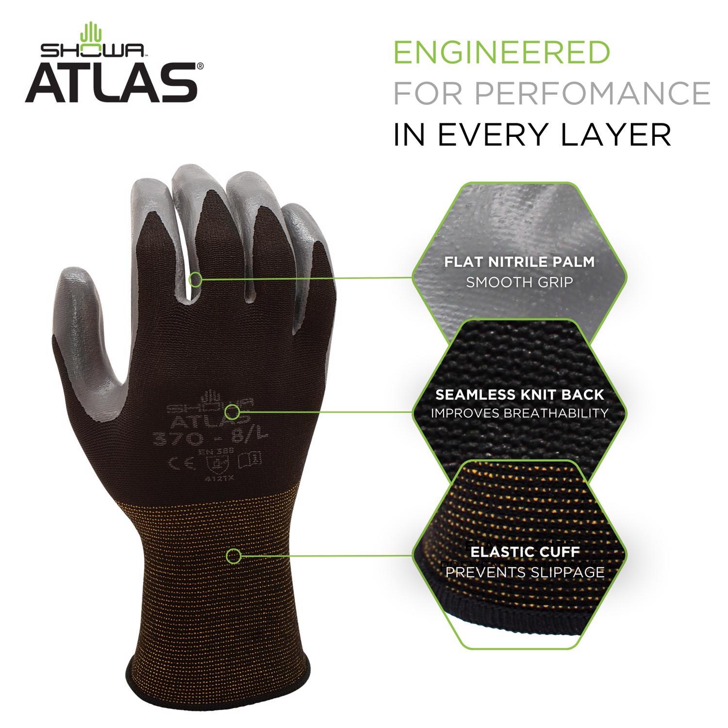 SHOWA ATLAS 370B Unisex Indoor/Outdoor Dipped Work Gloves Black/Gray L 1 pair