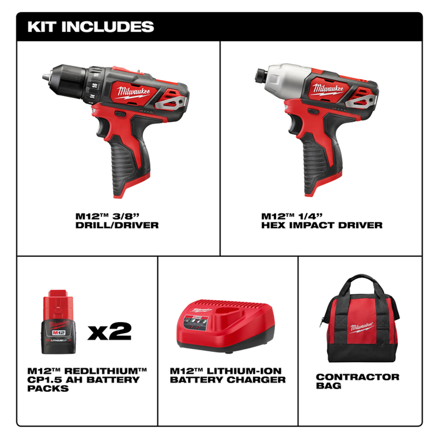 Milwaukee M12 12 V Cordless Brushed 2 Tool Drill and Impact Driver Kit