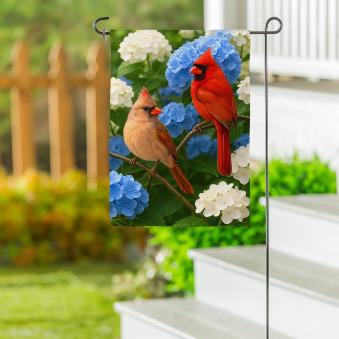Evergreen Cardinal Couple Among Hydrangeas Suede Garden Flag