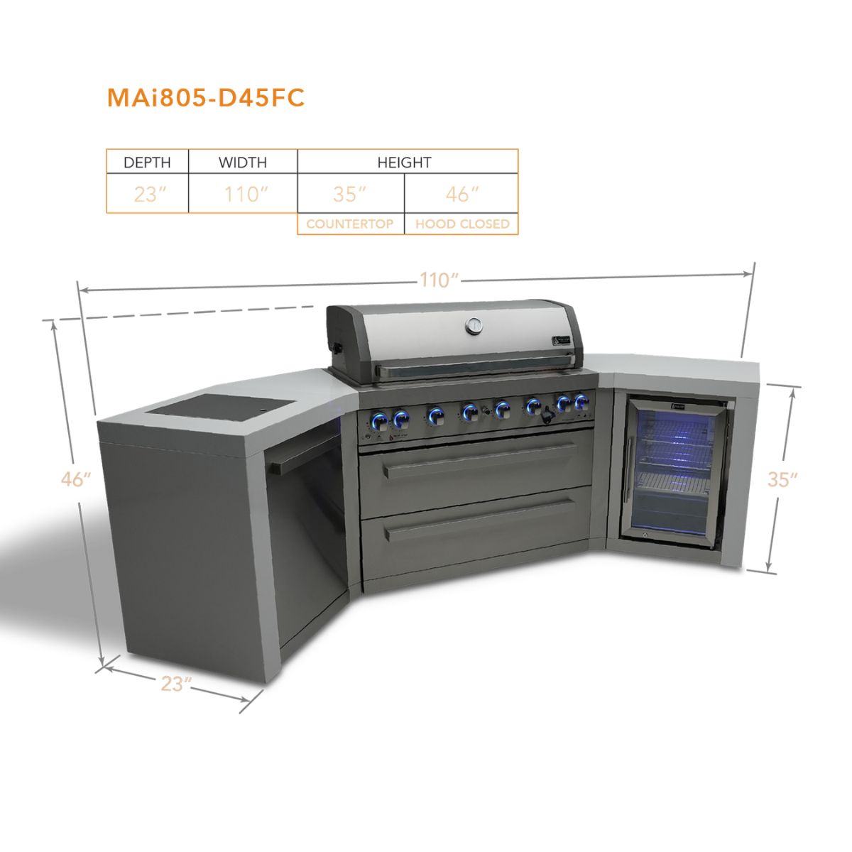 Mont Alpi 6-Burner Deluxe island with 45-degree corners and a fridge cabinet