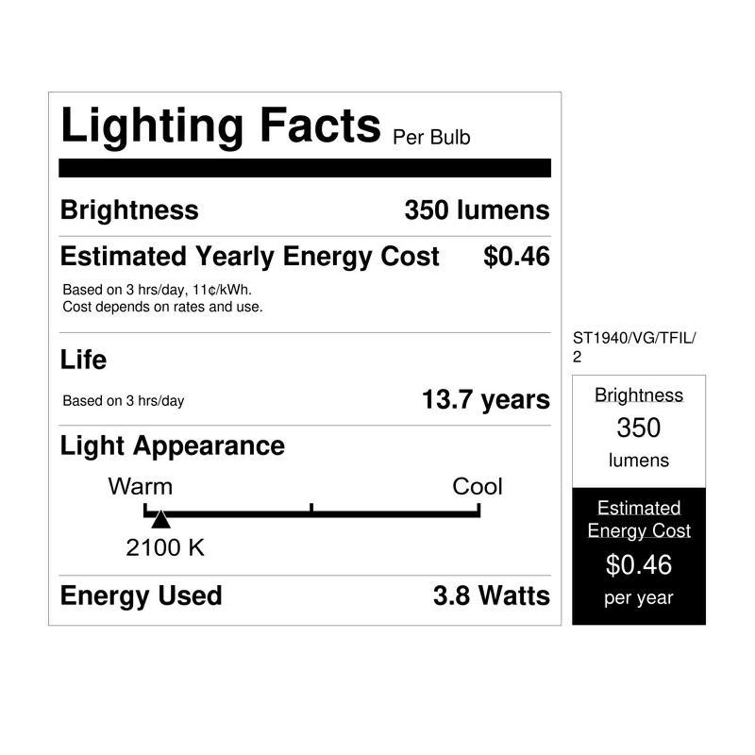 Feit ST19 E26 (Medium) Filament LED Bulb Warm White 40 Watt Equivalence 2 pk