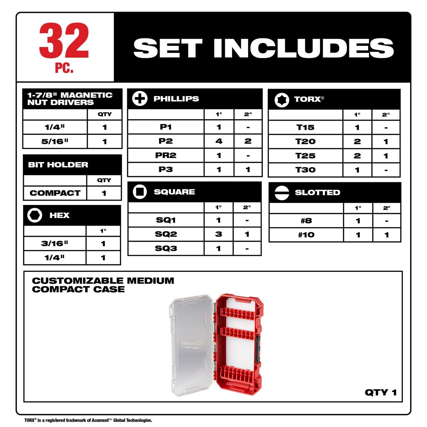 Milwaukee Shockwave Assorted Screwdriver Bit Set Steel 32 pc