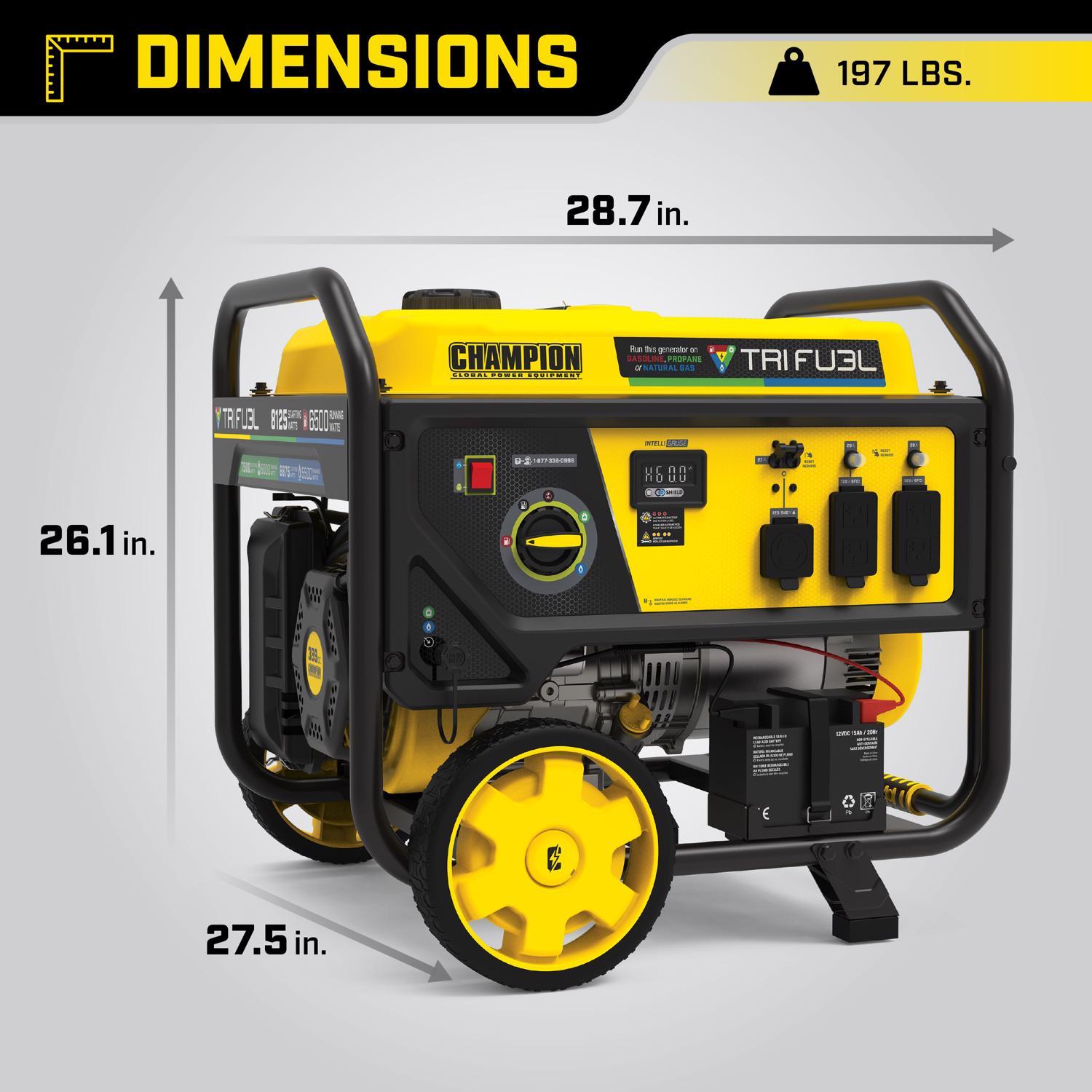 Champion Tri Fuel 6500 W 120/240 V Gas/NG/LP Portable Portable Generator 6500 W