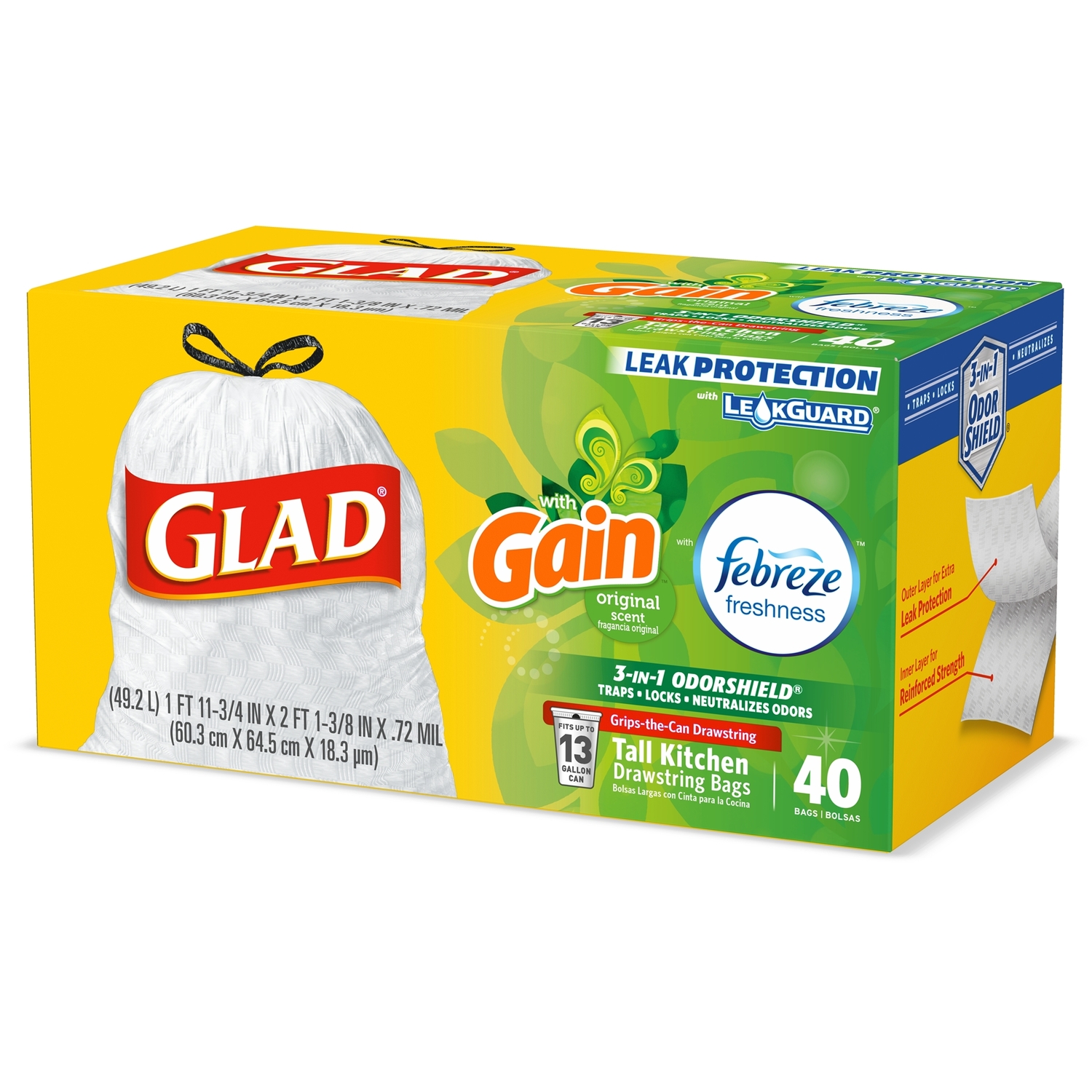 Glad Gain 13 gal Fresh Scent Trash Bags Drawstring 40 pk 0.78 mil ...