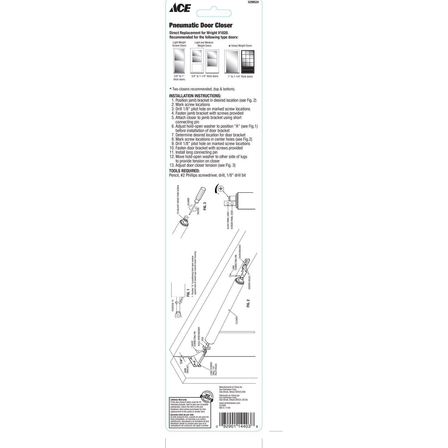 Ace Silver Aluminum Pneumatic Screen/Storm Door Closer