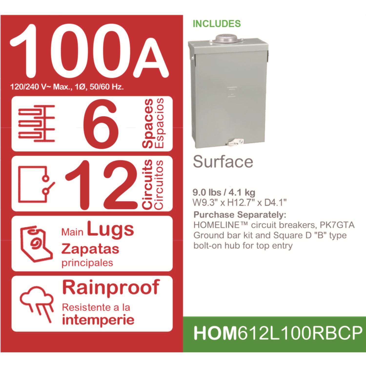 Square D HomeLine 100 amps 120/240 V 6 space 12 circuits Wall Mount Main Lug Load Center
