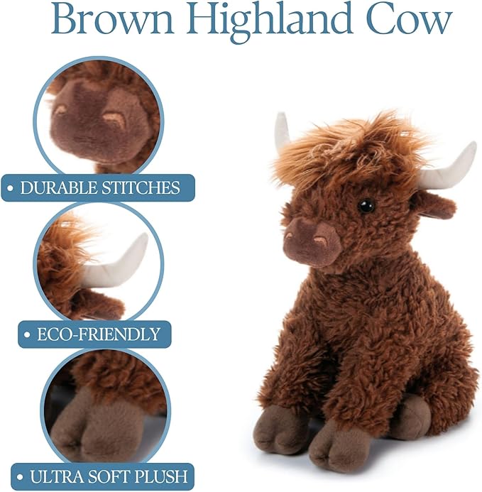 The Petting Zoo Highland Cow Plushie Stuffed Animal, Gifts for Kids, Wild Onez Wildlife Animals, Brown Cow Plush Toy, 12 in.