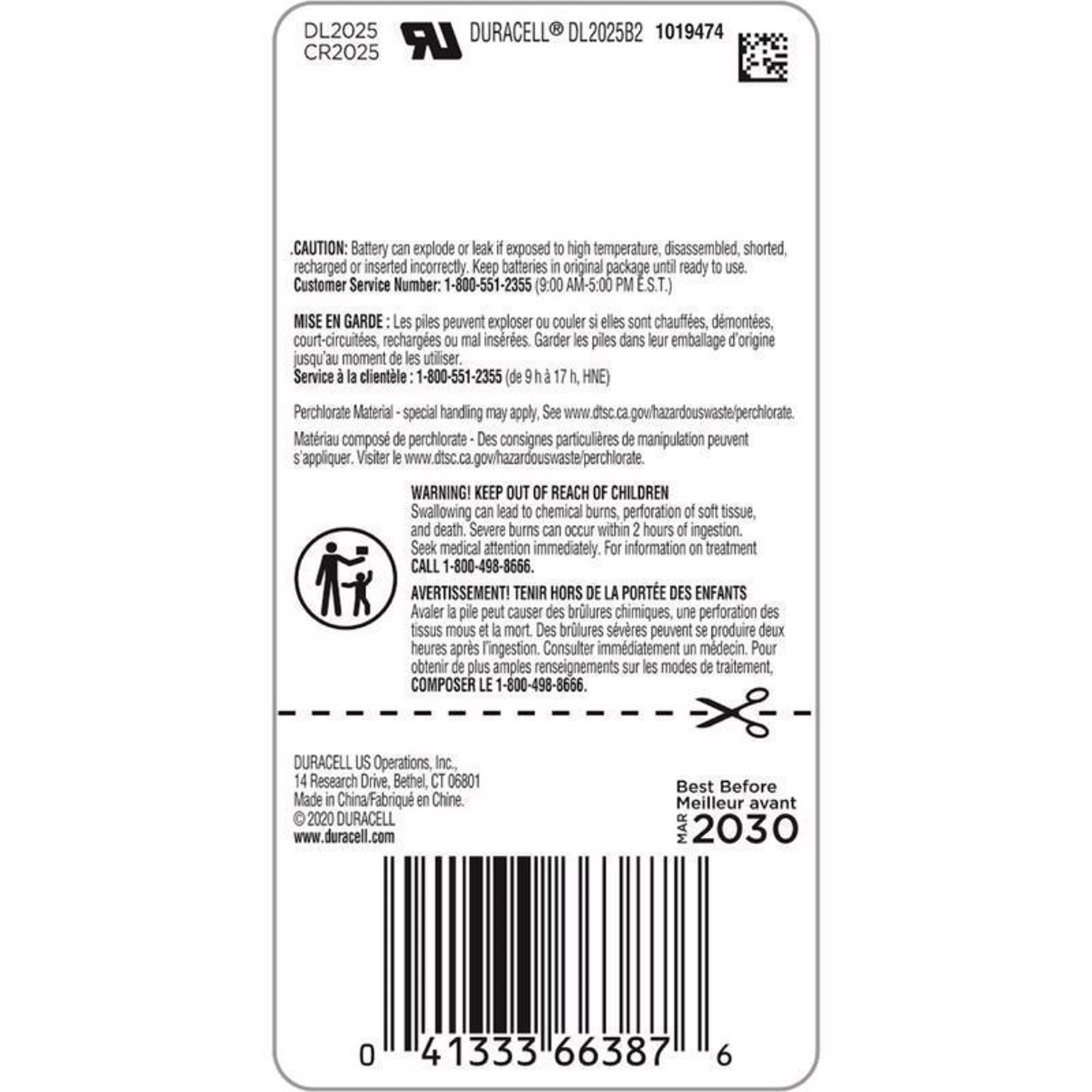 Duracell Lithium Coin 2025 3 V 165 mAh Medical Battery 2 pk