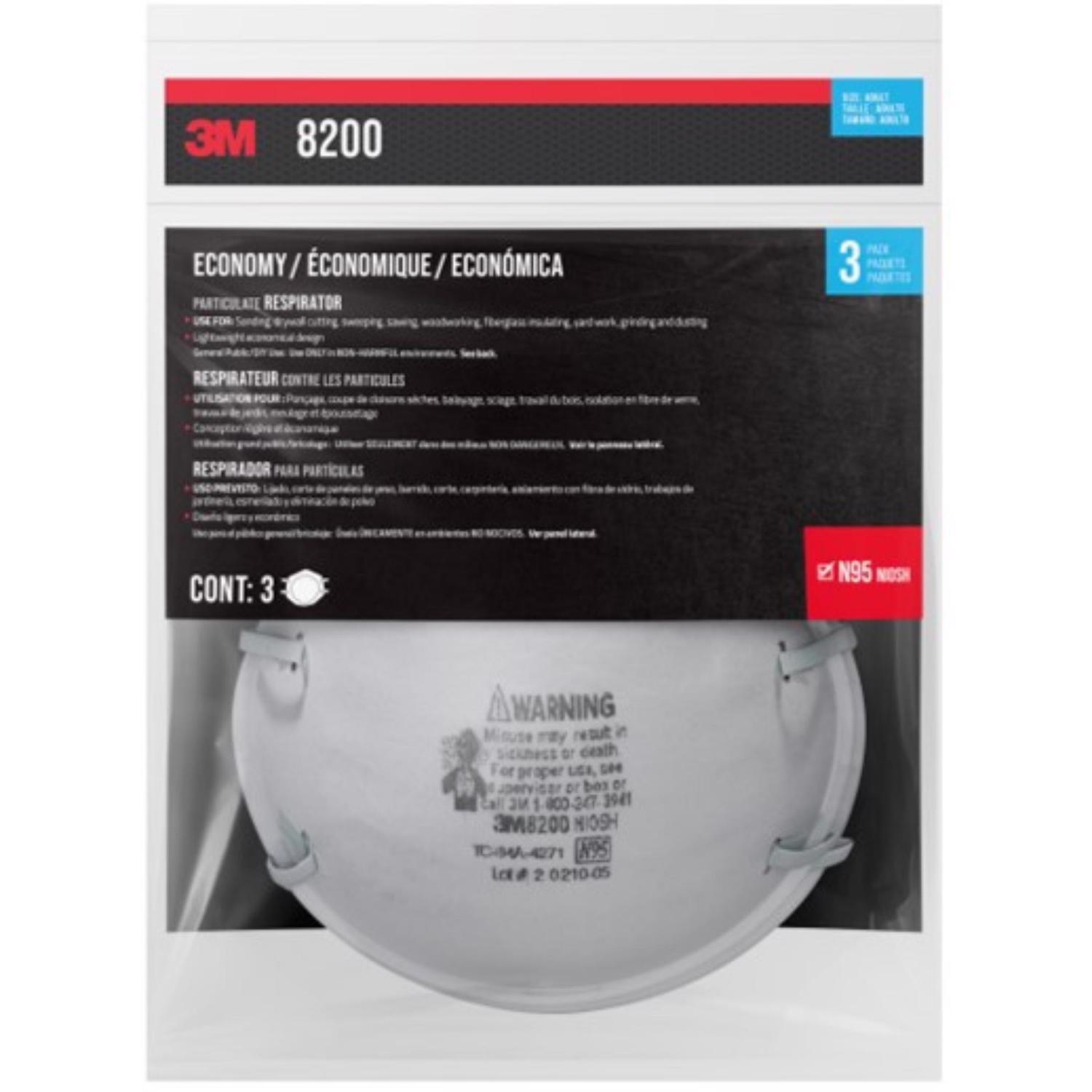 3M N95 Sanding and Fiberglass Cup Disposable Respirator 8200 White 3 pk
