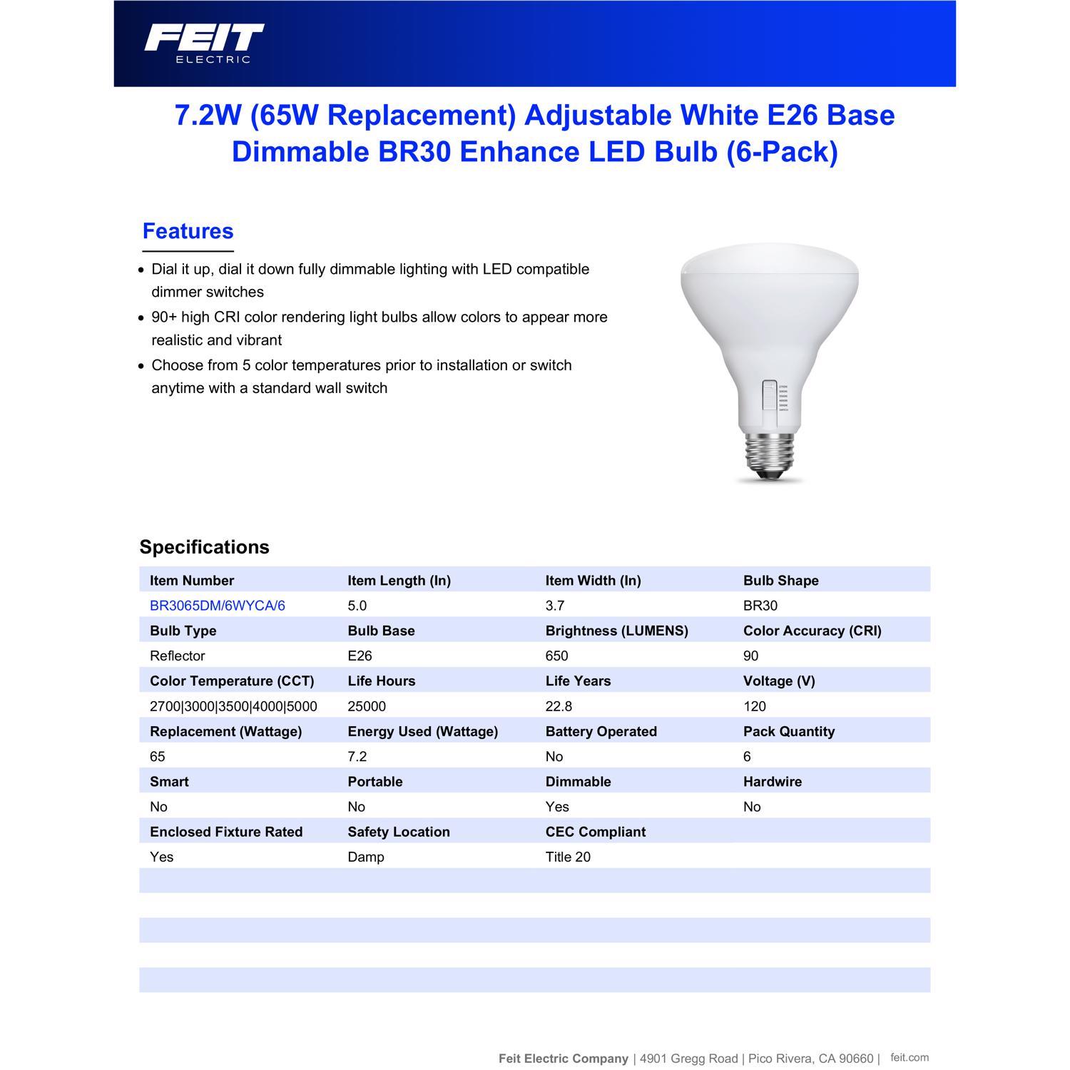 Feit BR30 E26 (Medium) LED Bulb Adjustable White 65 Watt Equivalence 6 Pack