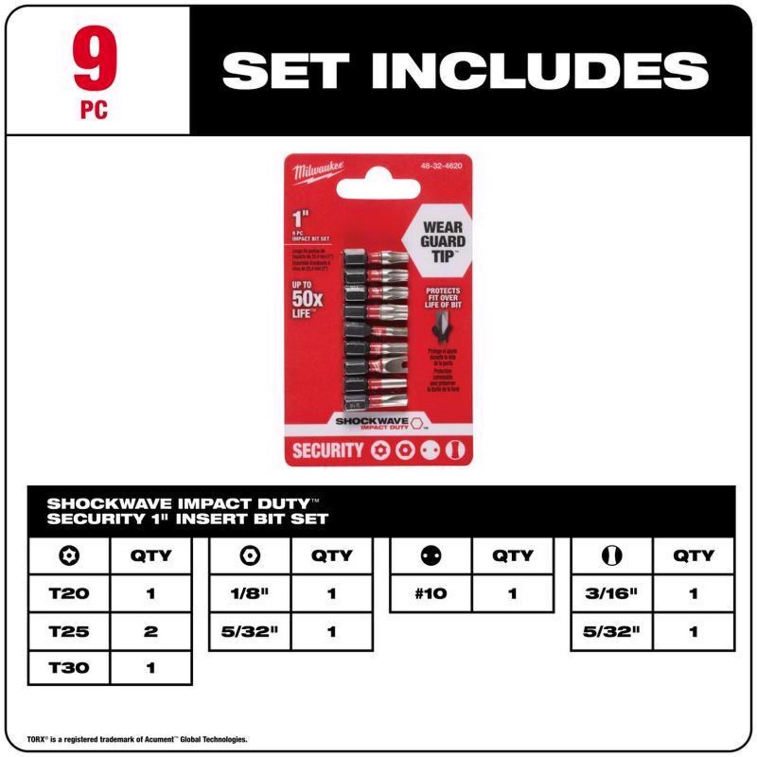 Milwaukee Shockwave Assorted 1 in. L Impact Security Insert Bit Set Steel 9 pc