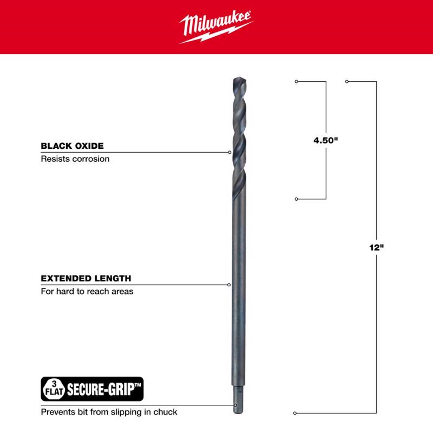 Milwaukee 1/2 in. X 12 in. L Aircraft Length Drill Bit 3-Flat Shank 1 pc