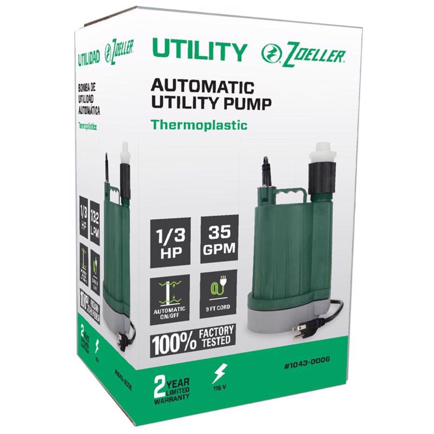 Zoeller 1/3 HP 2100 gph Thermoplastic Electronic Switch Bottom AC Submersible Utility Pump