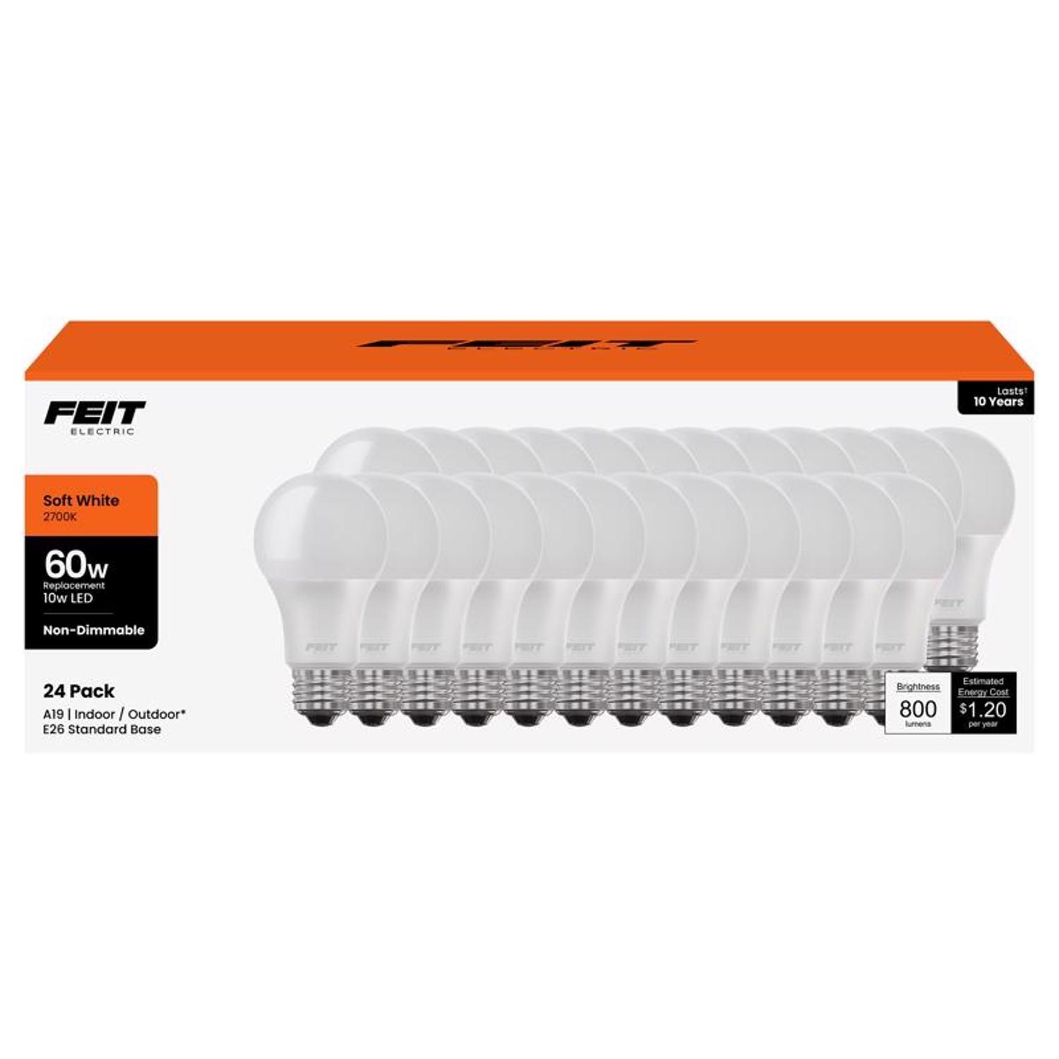 Feit A19 E26 (Medium) LED Bulb Soft White 60 Watt Equivalence 24 pk