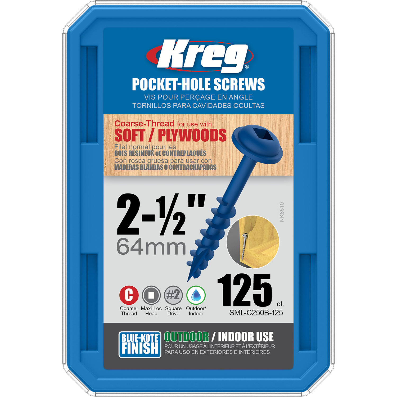Kreg No. 8 X 2-1/2 in. L Square Blue-Kote Pocket-Hole Screw 125 ct