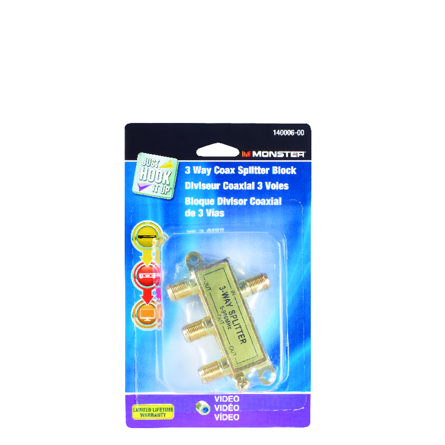 Monster Just Hook It Up 3 Way Coax Splitter 75 ohm 900 MHz 1 pk