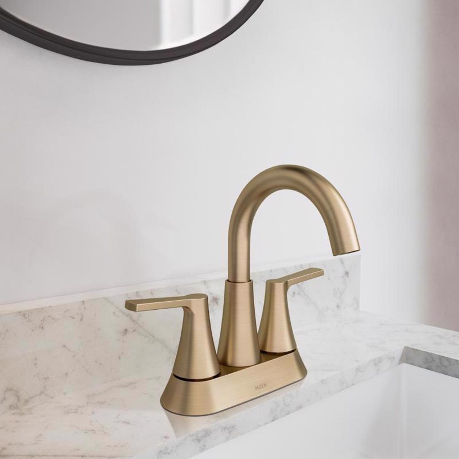 Moen Mikah Bronzed Gold Contemporary Two-Handle Bathroom Sink Faucet 4 in.