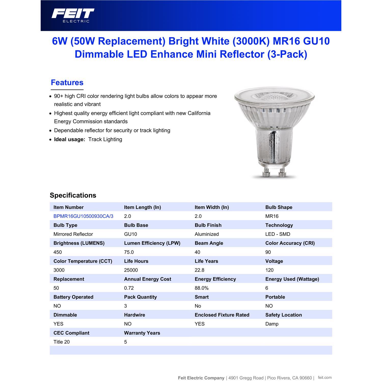 Feit Enhance MR16 GU10 LED Bulb Bright White 50 Watt Equivalence 3 pk