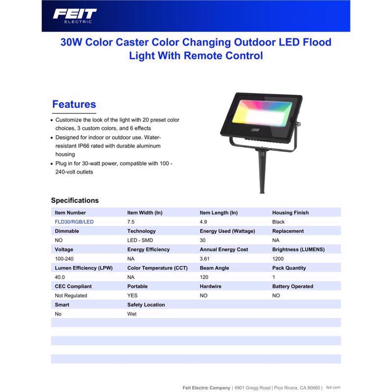 Feit Color Caster Black Plug In/Remote 30 W LED Floodlight 1 pk