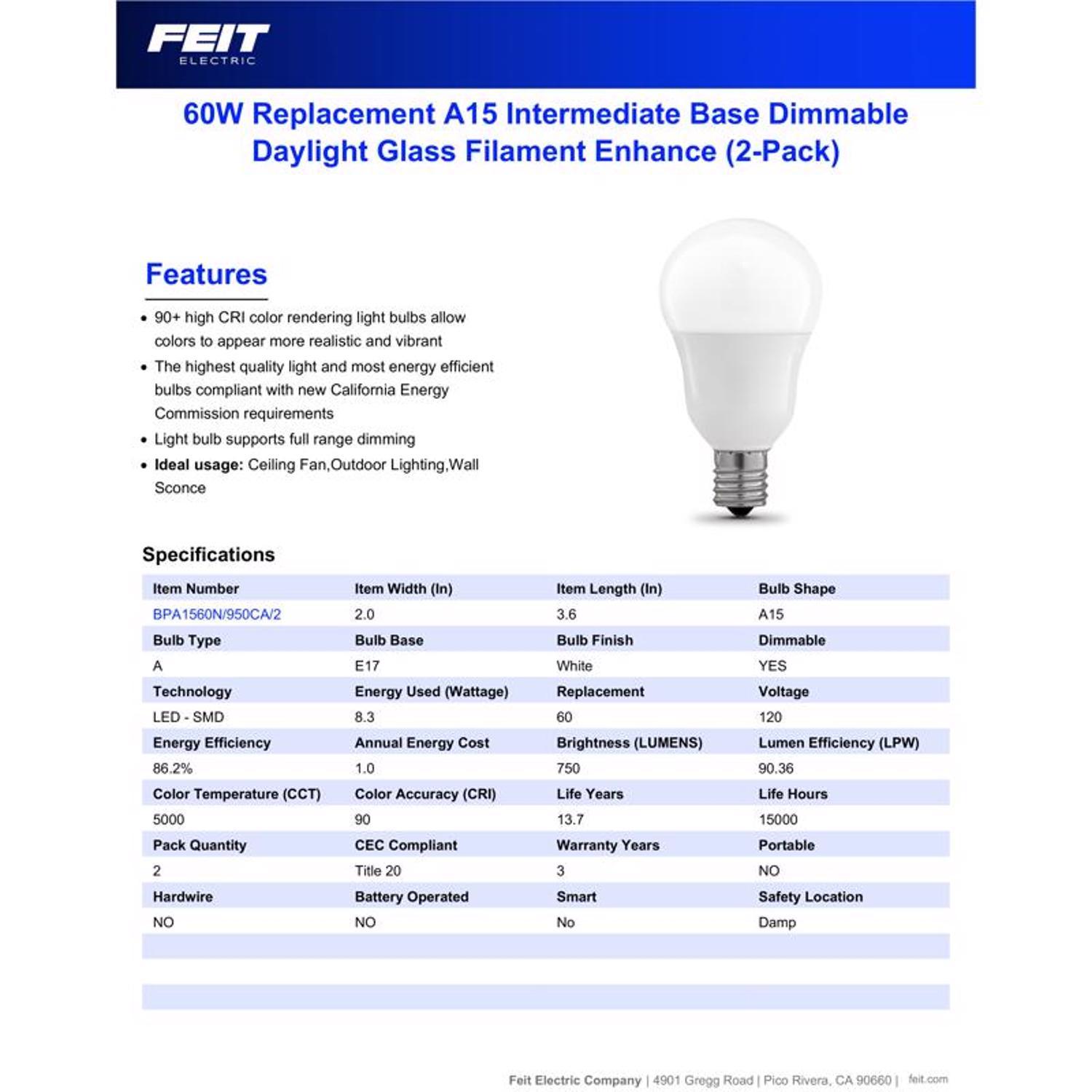 Feit Enhance A15 E17 (Intermediate) LED Bulb Daylight 60 Watt Equivalence 2 pk
