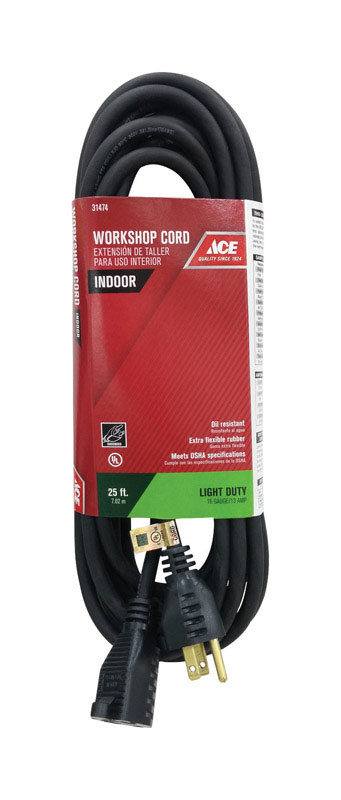Ace Indoor 25 ft. L Black Extension Cord 16/3 SJO