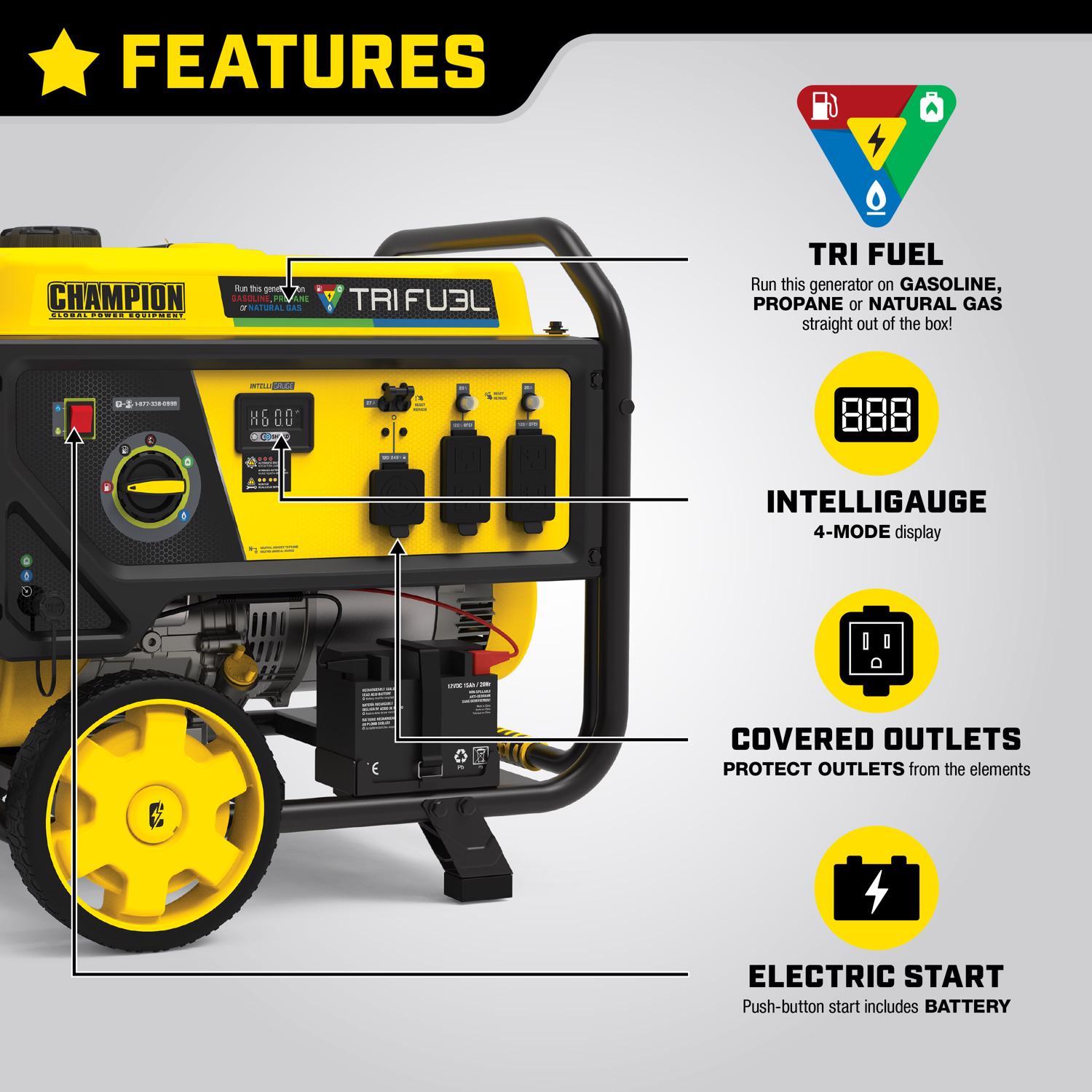 Champion Tri Fuel 6500 W 120/240 V Gas/NG/LP Portable Portable Generator 6500 W