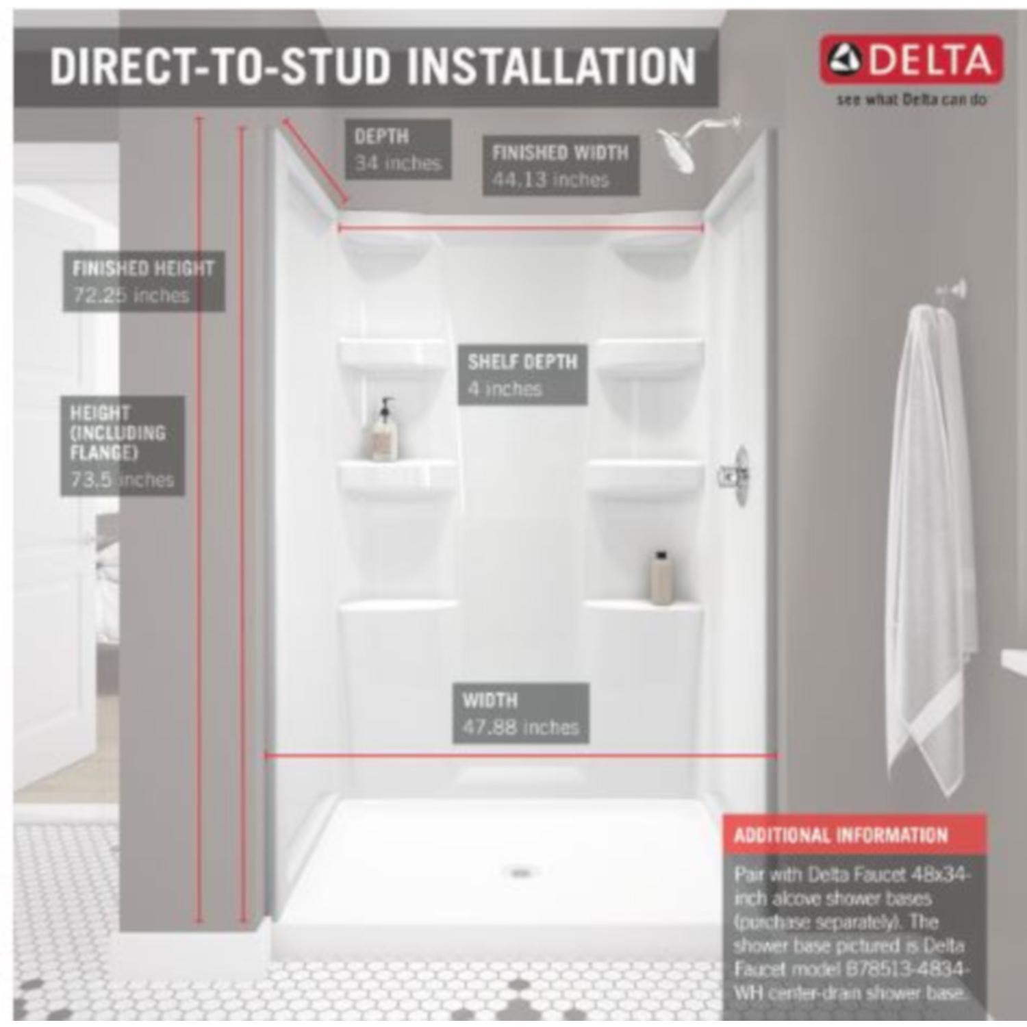 Delta Hycroft 73.5 in. H X 34 in. W X 48 in. L White Shower Surround