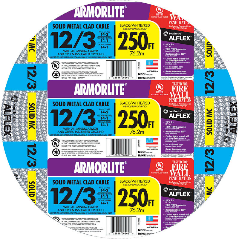 Southwire 250 ft. 12/3 Aluminum Armored MC Cable Black/White/Green/Red