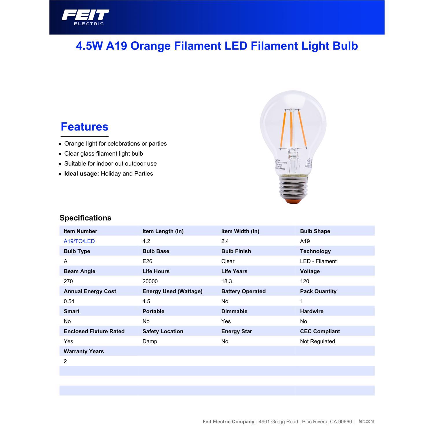 Feit A19 E26 (Medium) Filament LED Bulb Orange 30 Watt Equivalence 1 pk