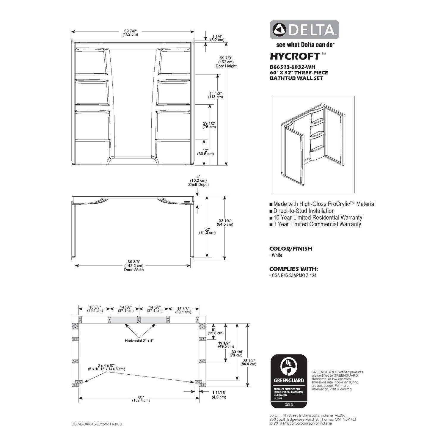 Delta Hycroft 60 in. H X 32 in. W X 60 in. L White Bathtub Surround