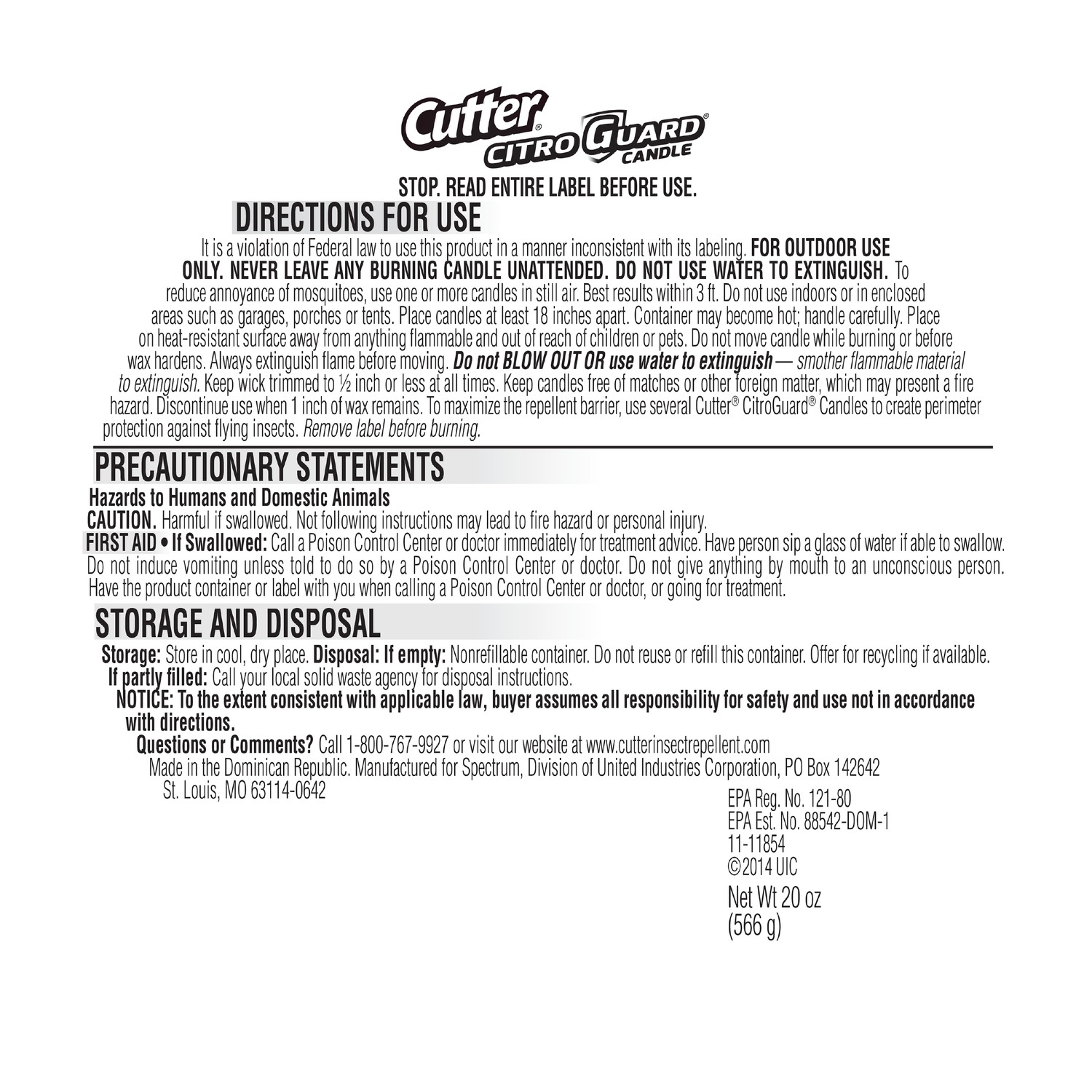 Cutter Citro Guard Citronella Candle For Mosquitoes/Other Flying Insects 20 oz