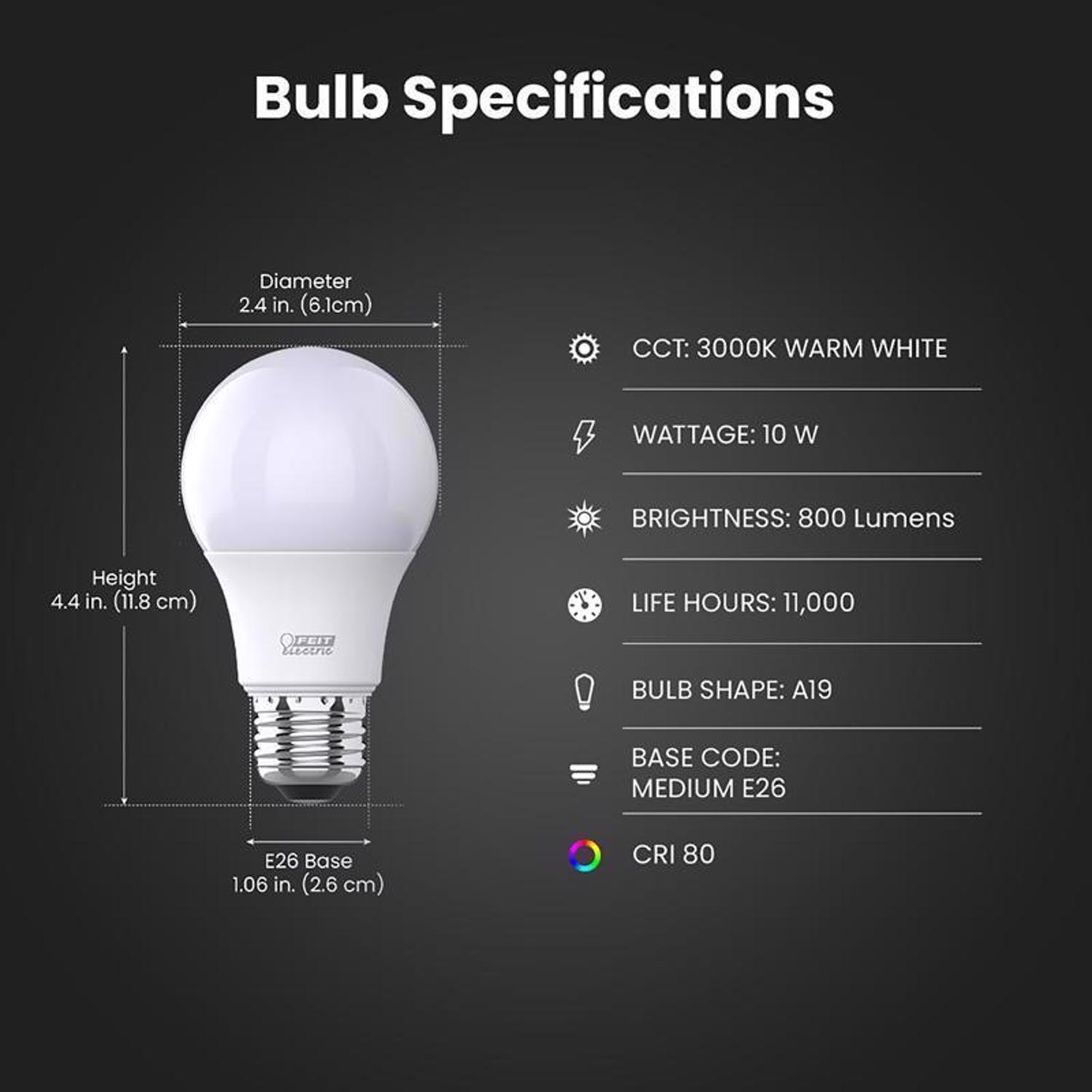 Feit A19 E26 (Medium) LED Bulb Warm White 60 Watt Equivalence 10 pk