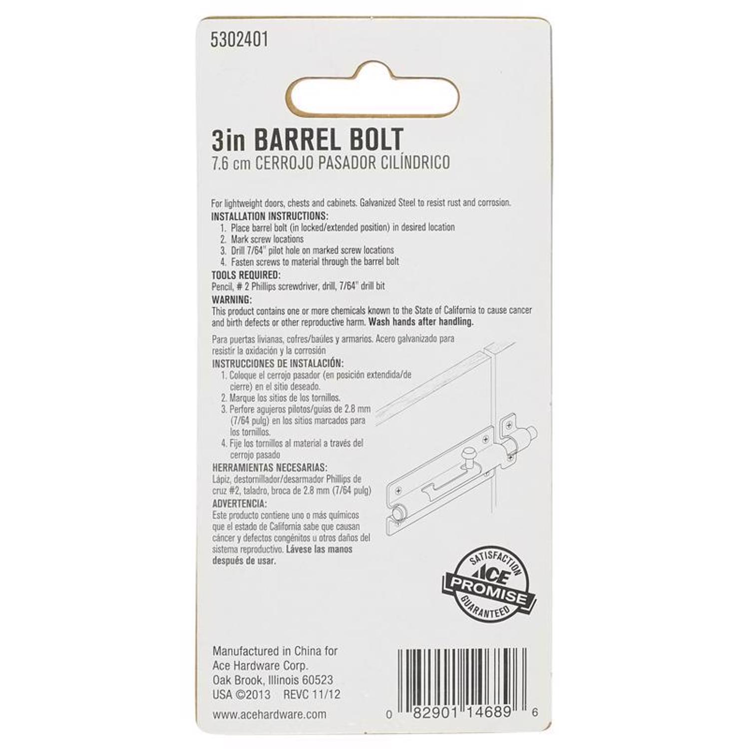 Ace 3 in. L Galvanized Steel Barrel Bolt 1 pk