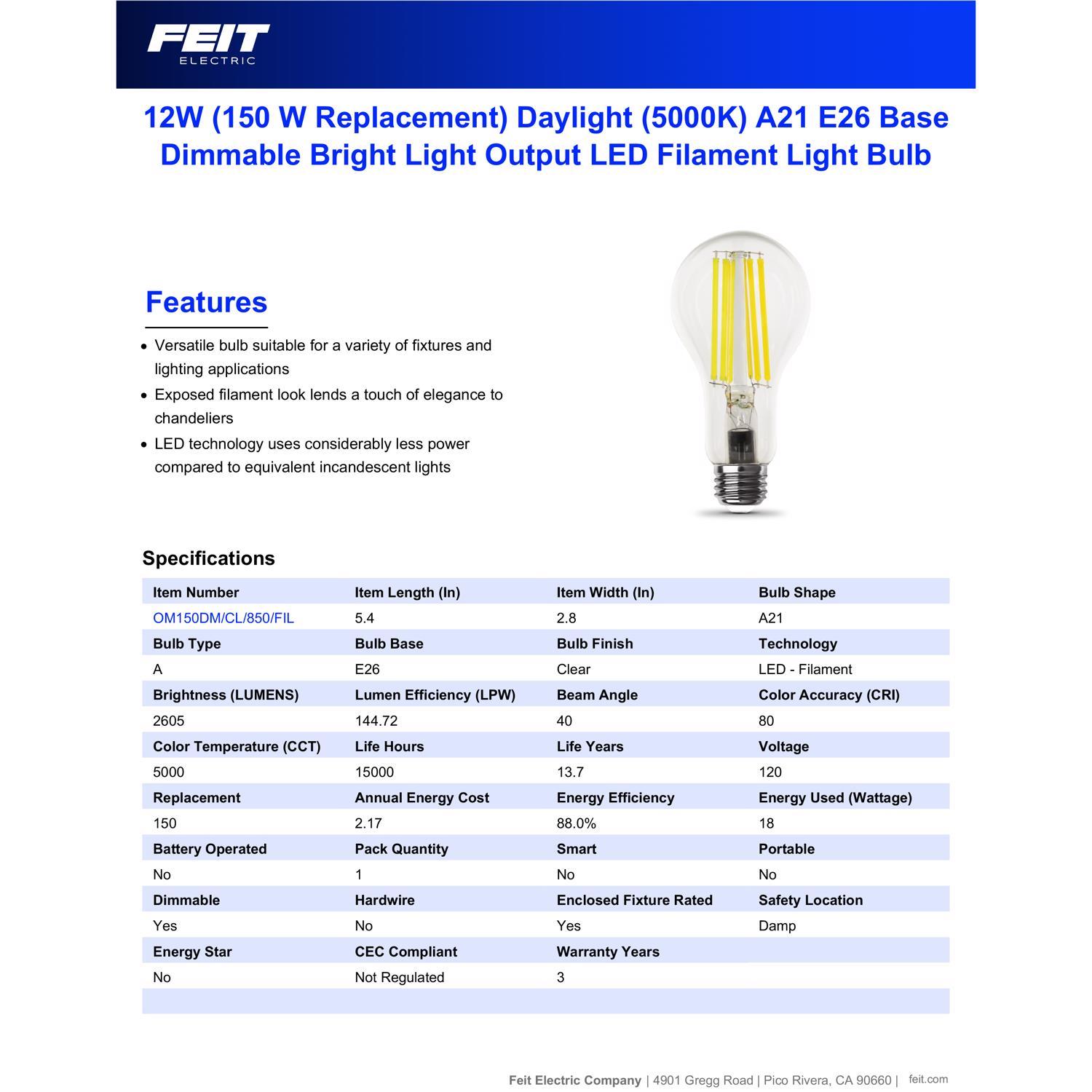Feit A21 E26 (Medium) Filament LED Bulb Daylight 150 Watt Equivalence 1 pk
