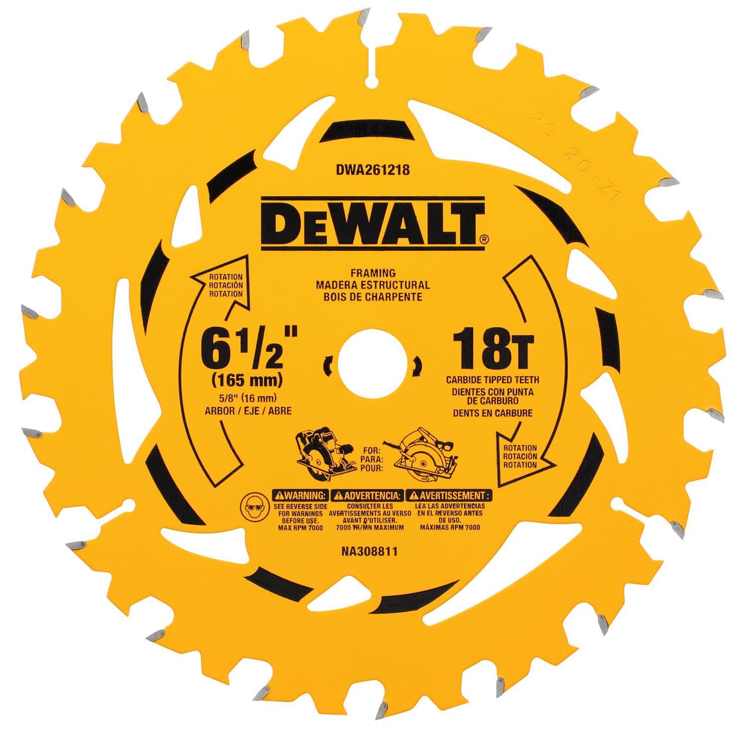 DEWALT 6-1/2 in. D X 5/8 in. Tungsten Carbide Tipped Circular Saw Blade 18 teeth 1 pk