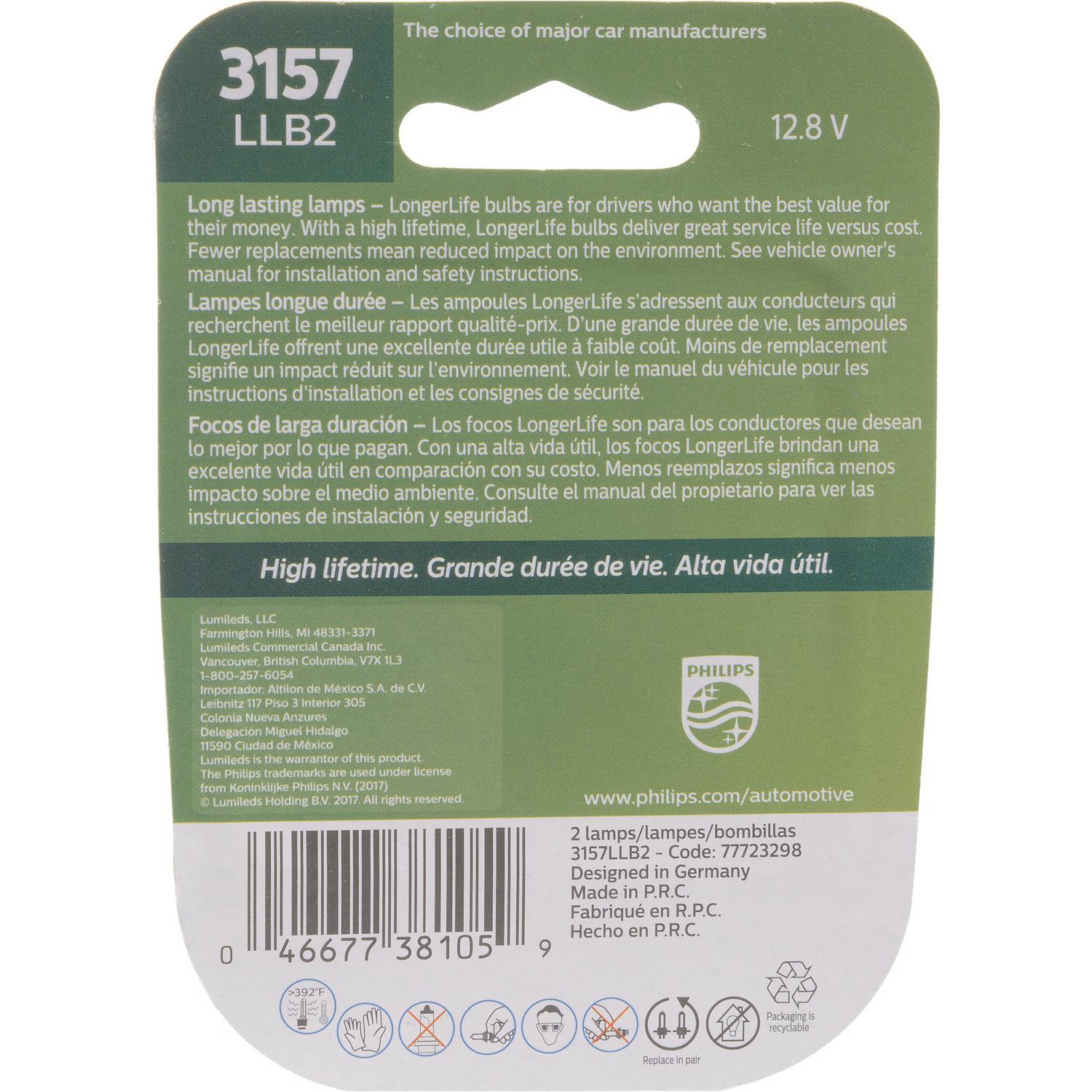 Philips LongerLife Incandescent Back-Up/Cornering/Stop/Turn Miniature Automotive Bulb 3157LLB2