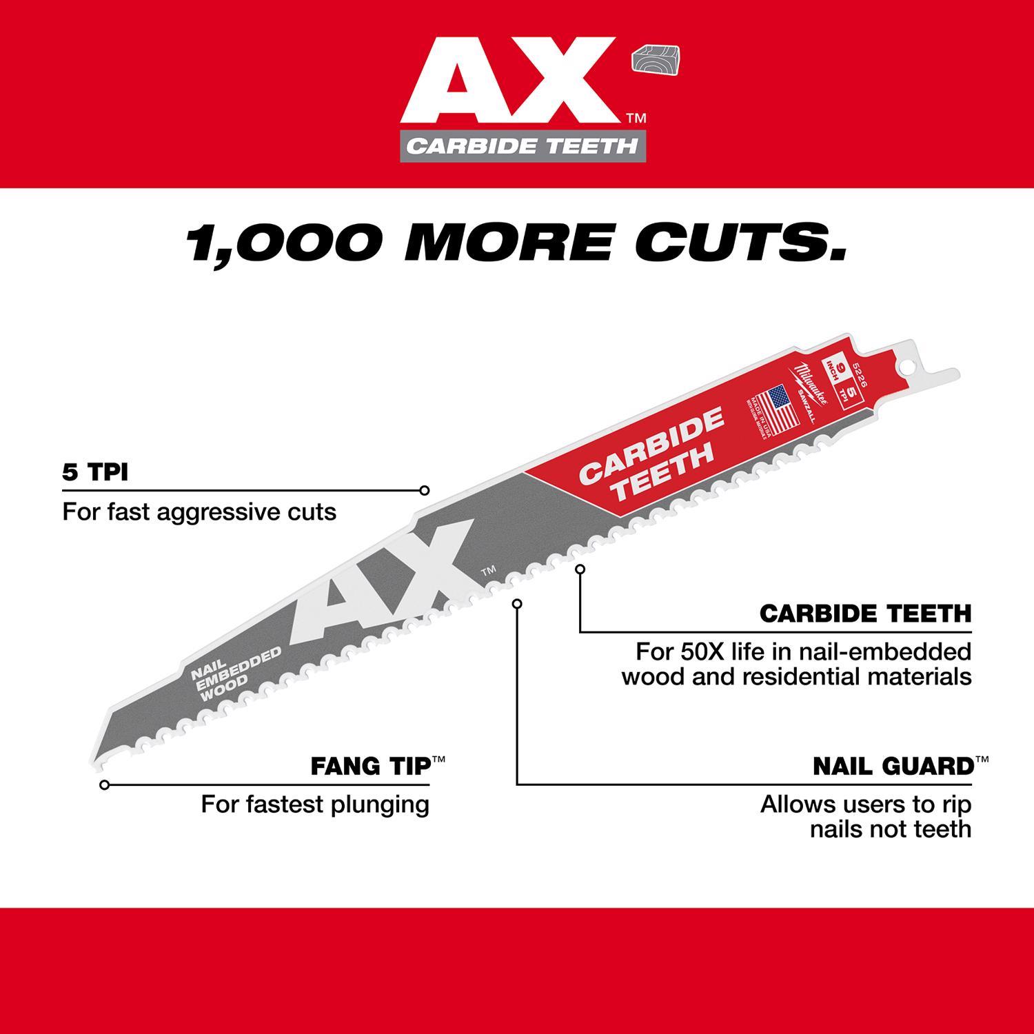 Milwaukee AX 9 in. Carbide Demolition Reciprocating Saw Blade 5 TPI 1 pk